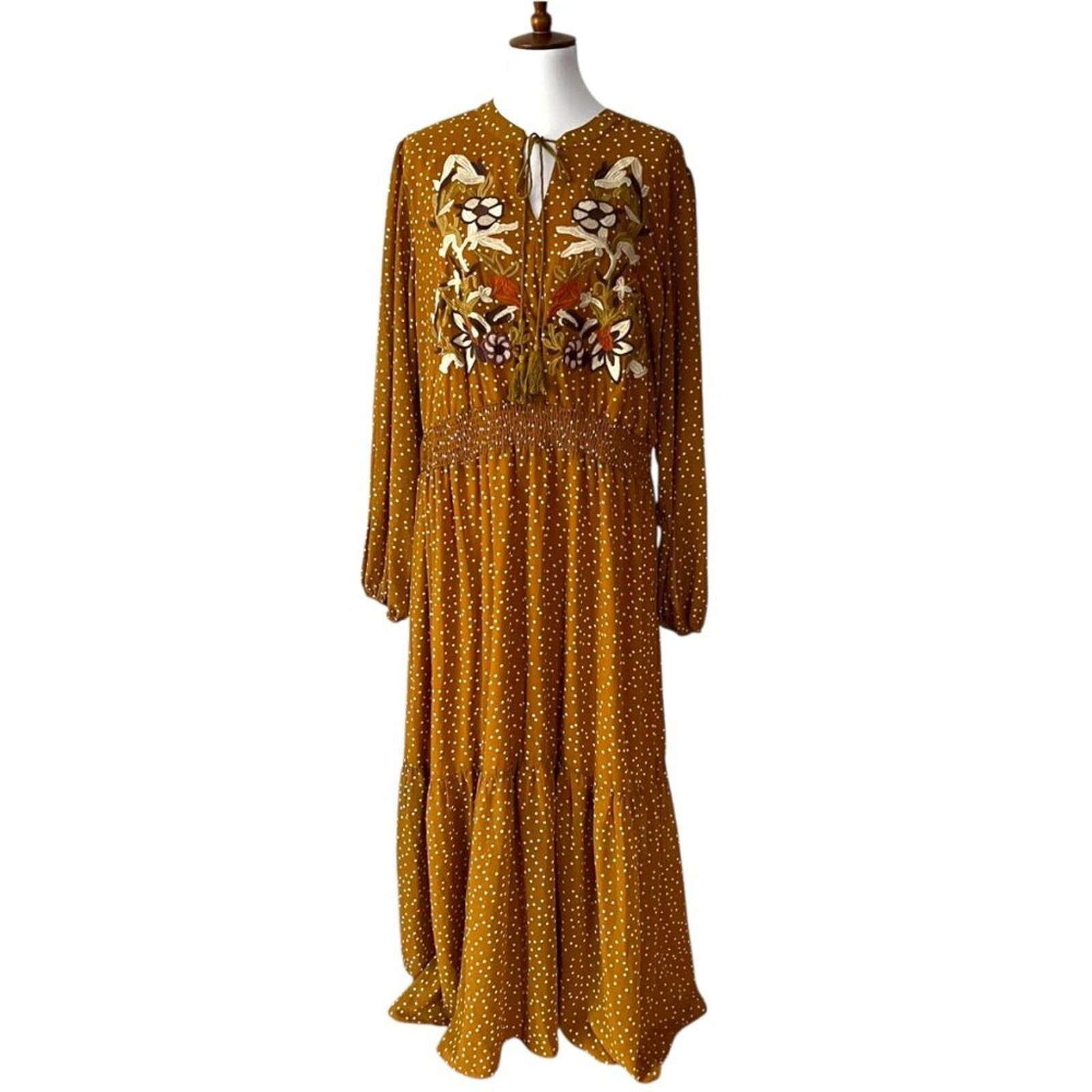 Plus Size Fall Maxi Dress 18 Boho 3X Embroidered Long Polka Dot Elastic waist