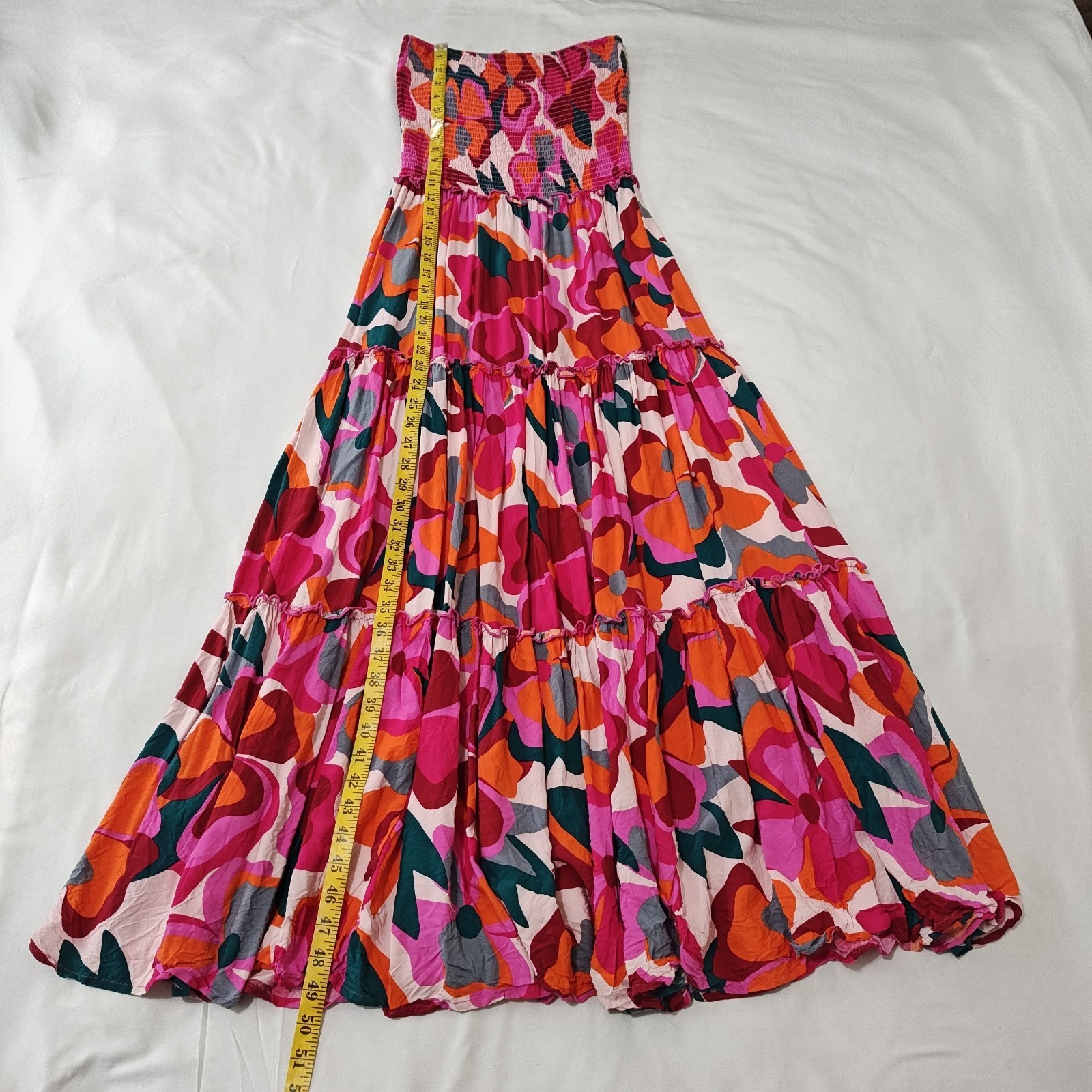 Womens Size Large Flowy Maxi Strapless Dress Floral Smoked Multicolor Print Boho