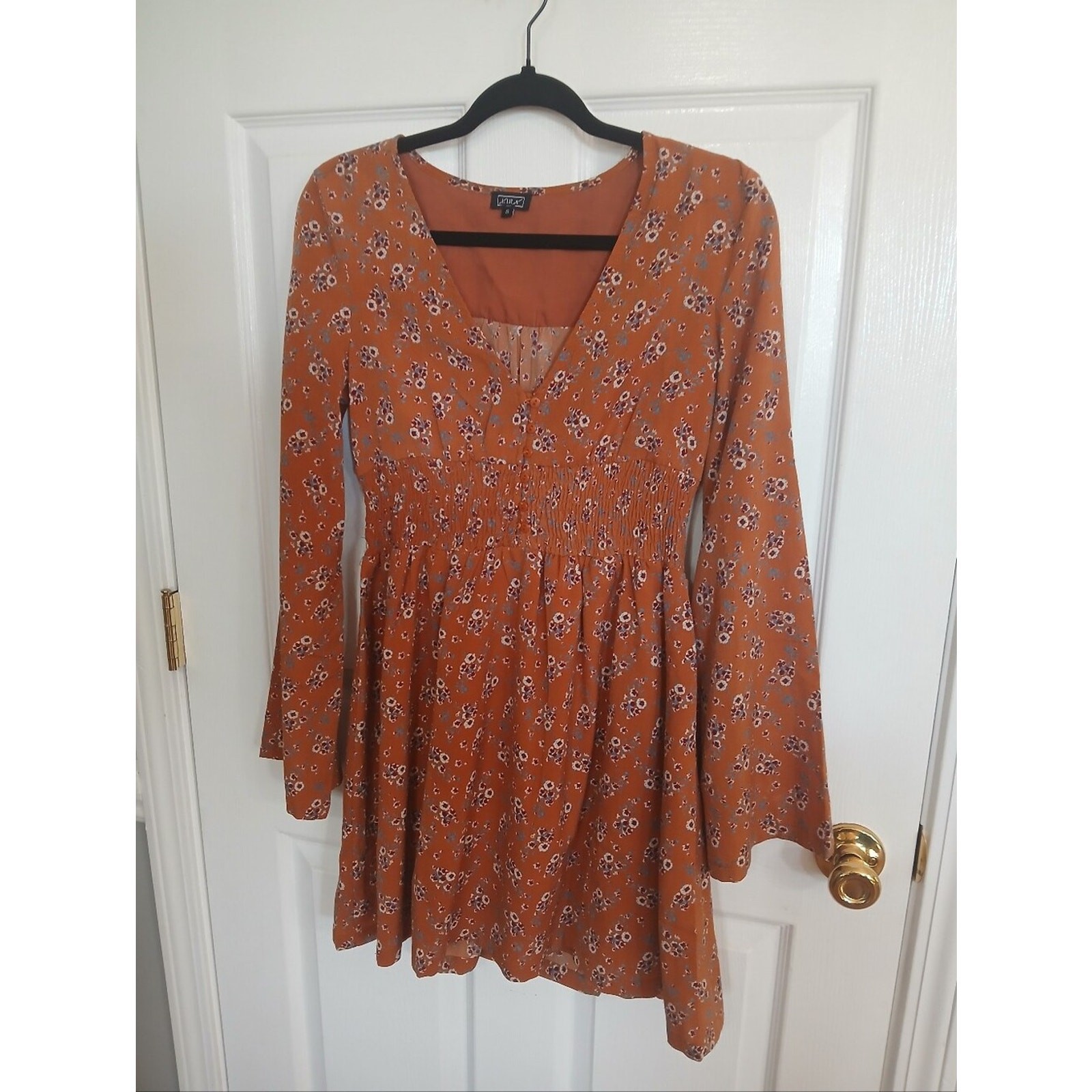 Lira Rust Ditzy Floral Long-Sleeve Smocked Waist Mini Dress Cottage Boho Fairy
