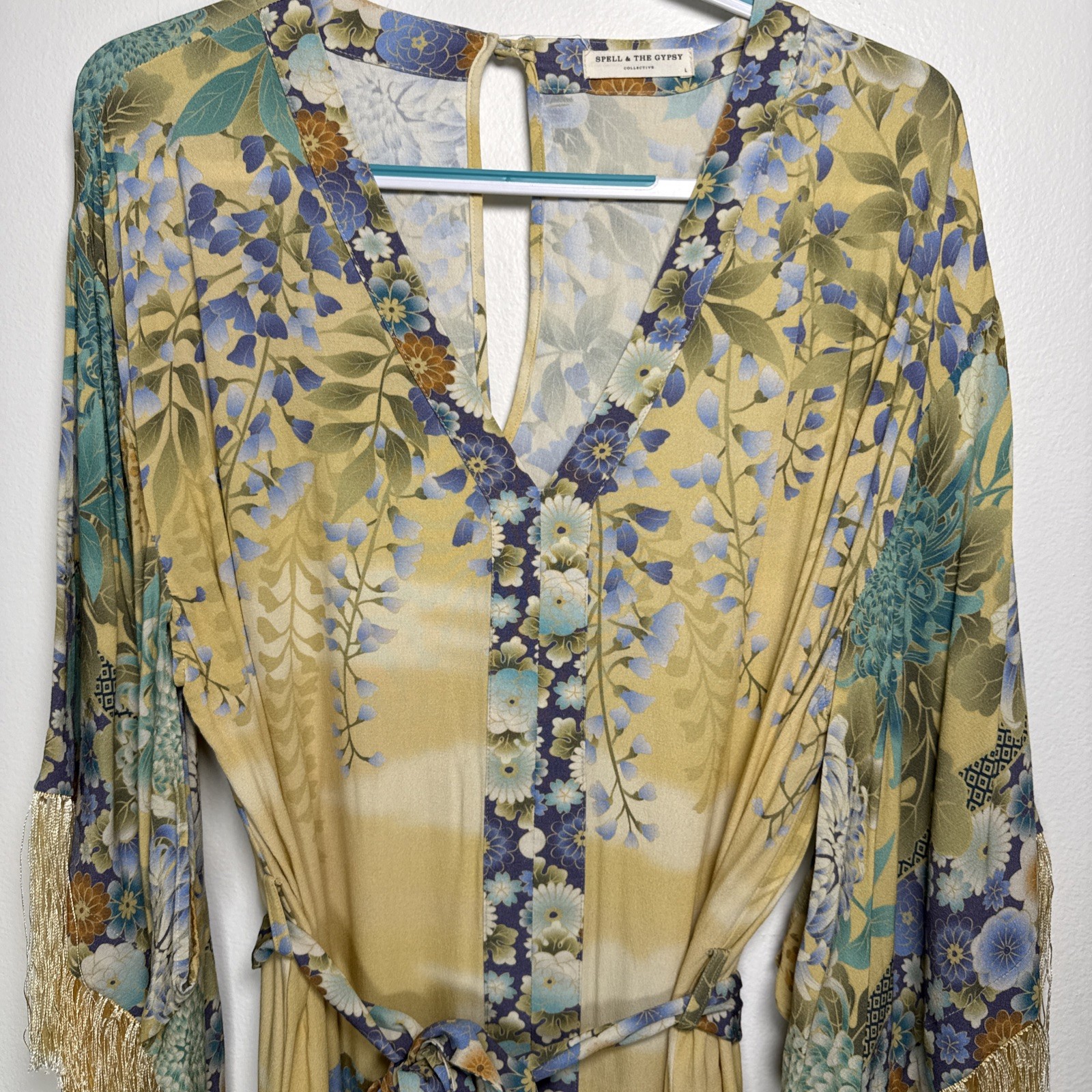 Spell & The Gypsy Floral Kimono Belted Willow Fringe Mini Dress Size Large EUC
