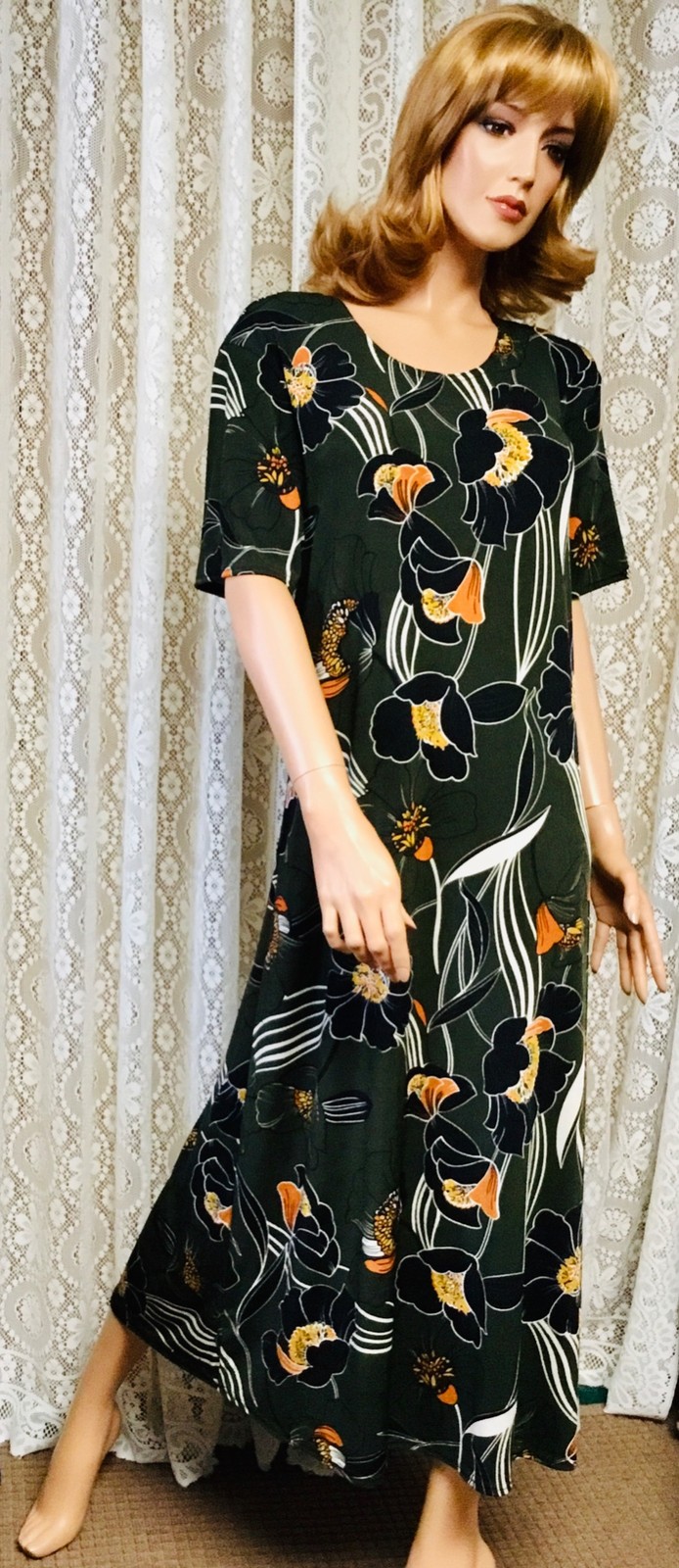 JOSTAR LONG DRESS Poly Spandex Slinky Knit TRAVEL OLIVE FLORAL S M L XL 2X 3X