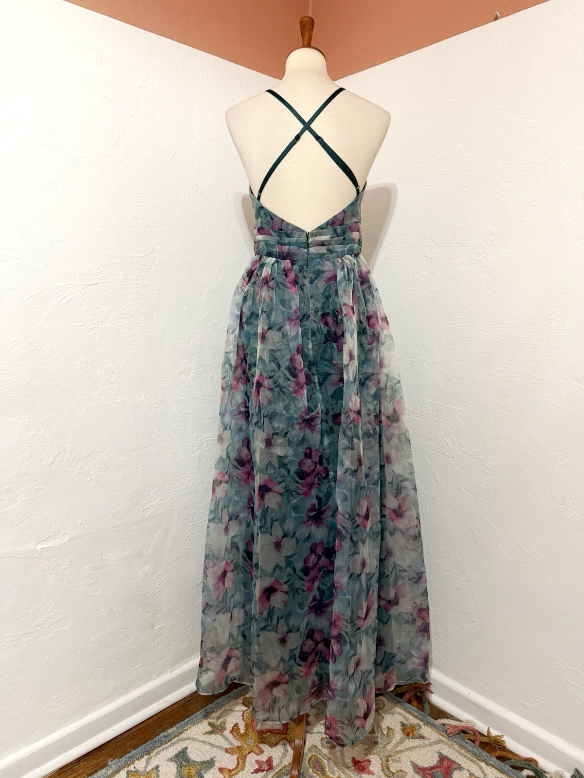 NWT Lulus Romance That Wows Dark Teal Floral Print Organza Maxi Whimsy Dress M