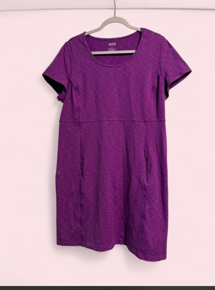 Duluth Trading Co Purple Striped Knit T-Shirt Dress XL Scoop Neck Zip Pocket