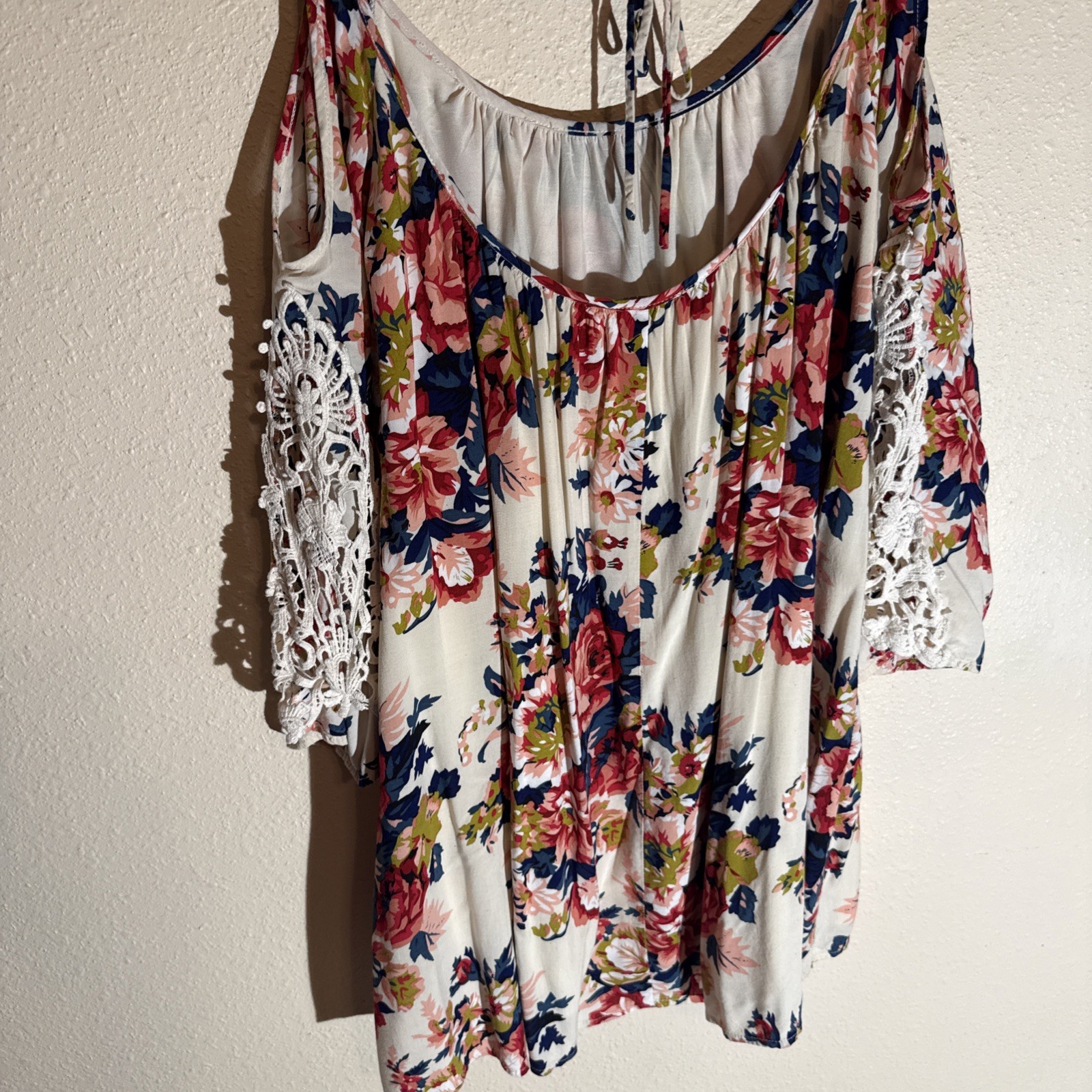 Umgee Med. Floral Boho Off Shoulder Mini Dress Crocheted Detailing Cotton Blend