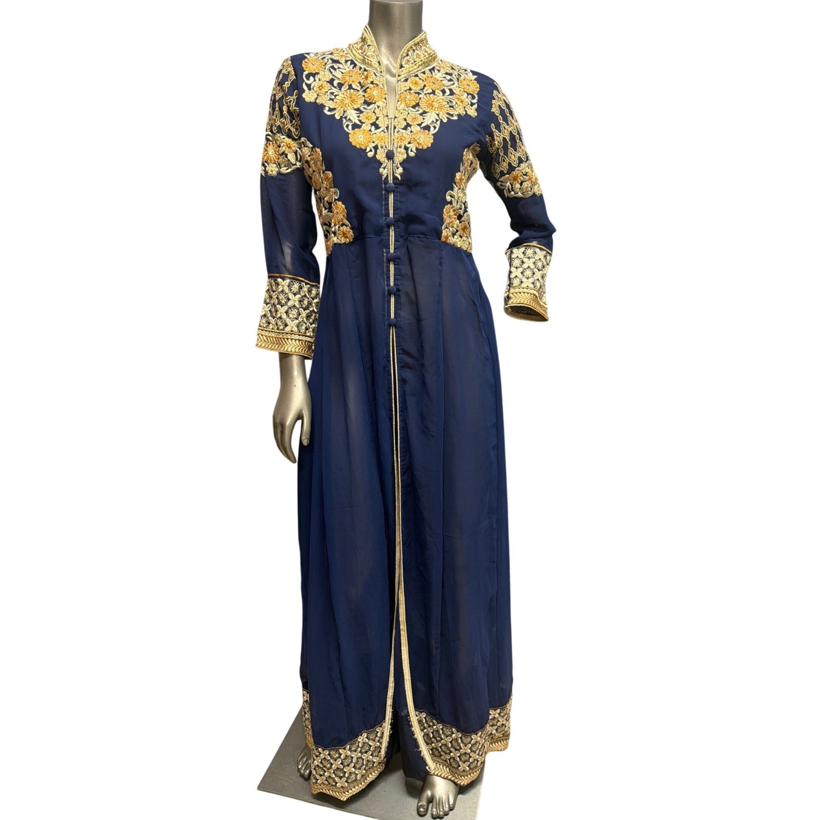 Navy Blue Gold Floral Embroidered Maxi Gown Mandarin Collar Side Zip Long Sleeve
