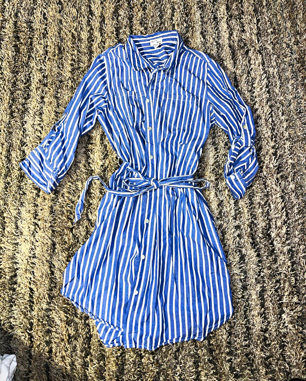 Dash Studio Blue/White Striped Collared Button Front Belted Shirt Dress L