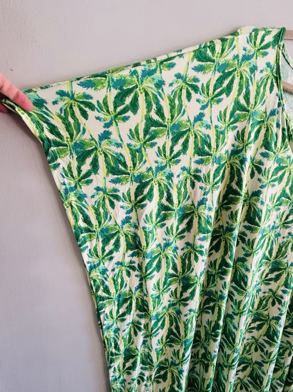 1X/2X/3X New Green White Palm Print Kaftan Knit Beach Cover Dress Nightgown