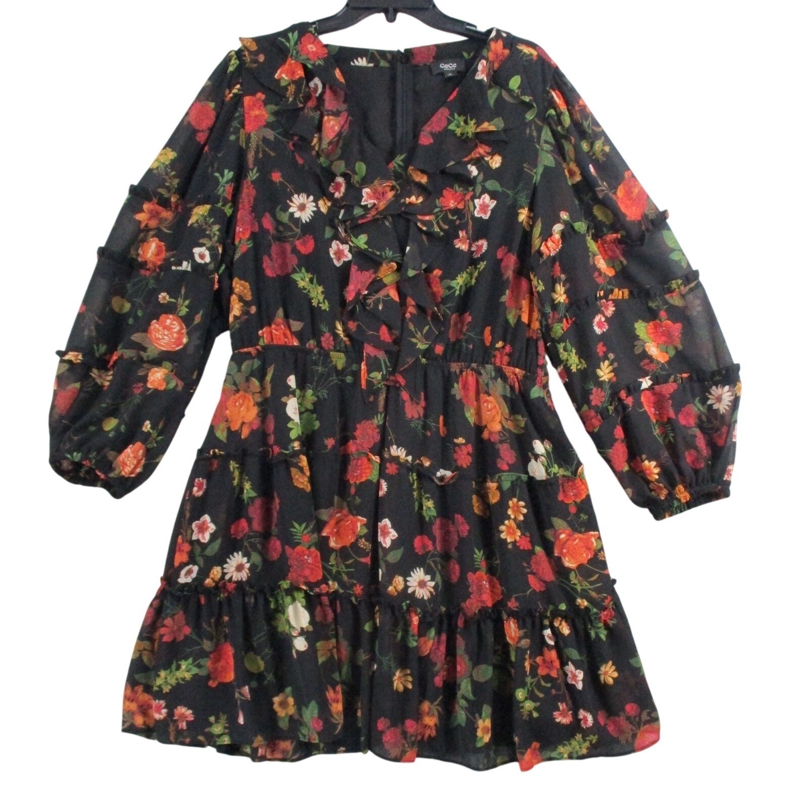 CeCe Floral Ruffle Mini Dress Black Chiffon Long Sleeve Tiered XL