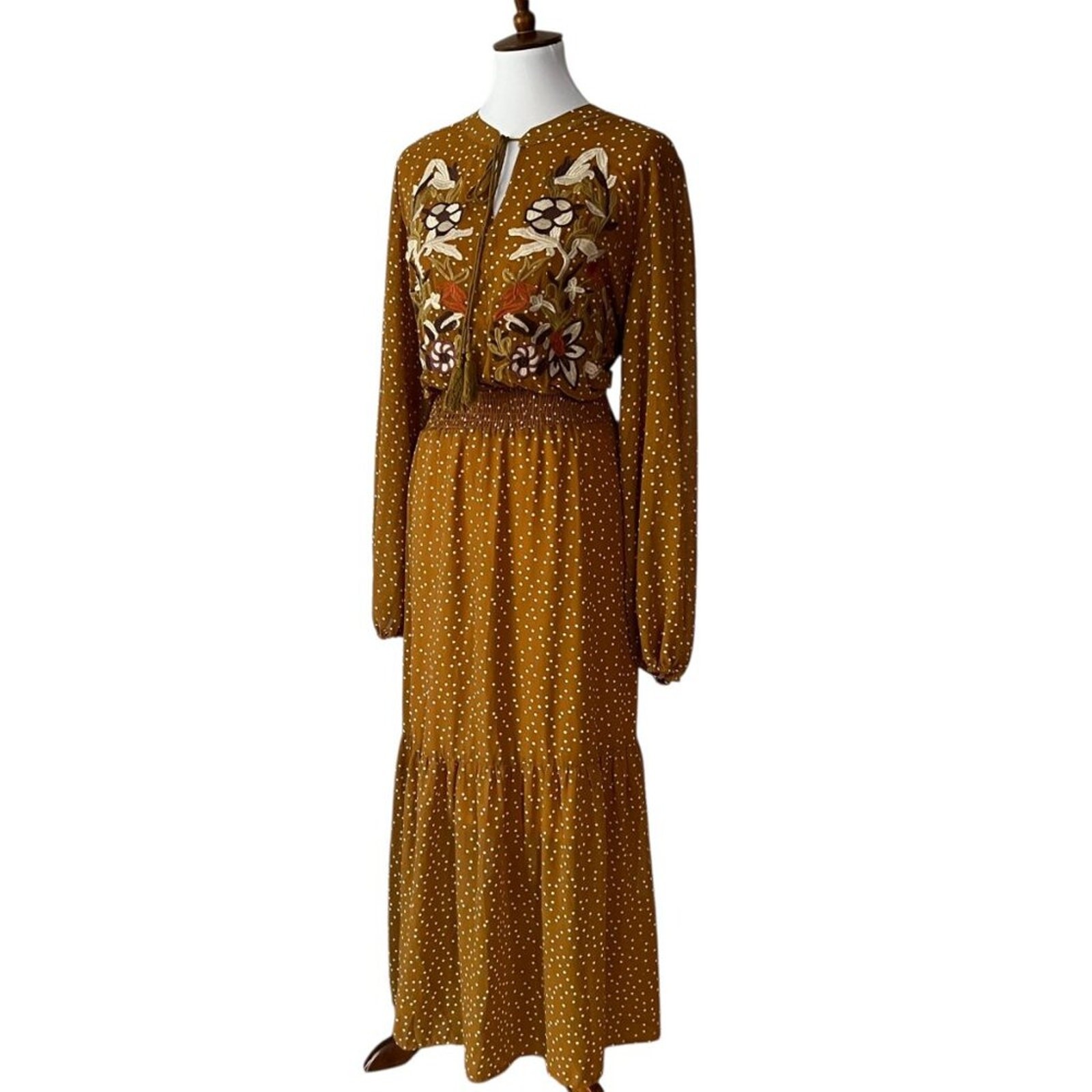 Plus Size Fall Maxi Dress 18 Boho 3X Embroidered Long Polka Dot Elastic waist