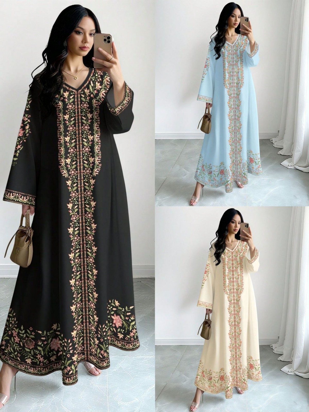 Floral Print Maxi DRESS ELEGANT Long Sleeve V Neck Casual Party DRESSES S-XXL