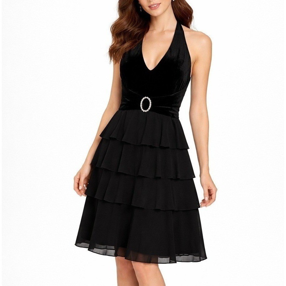 VTG Jessica Howard Womens Dress 12 Black Velvet Halter Tiered Ruffle 90s Y2K LBD
