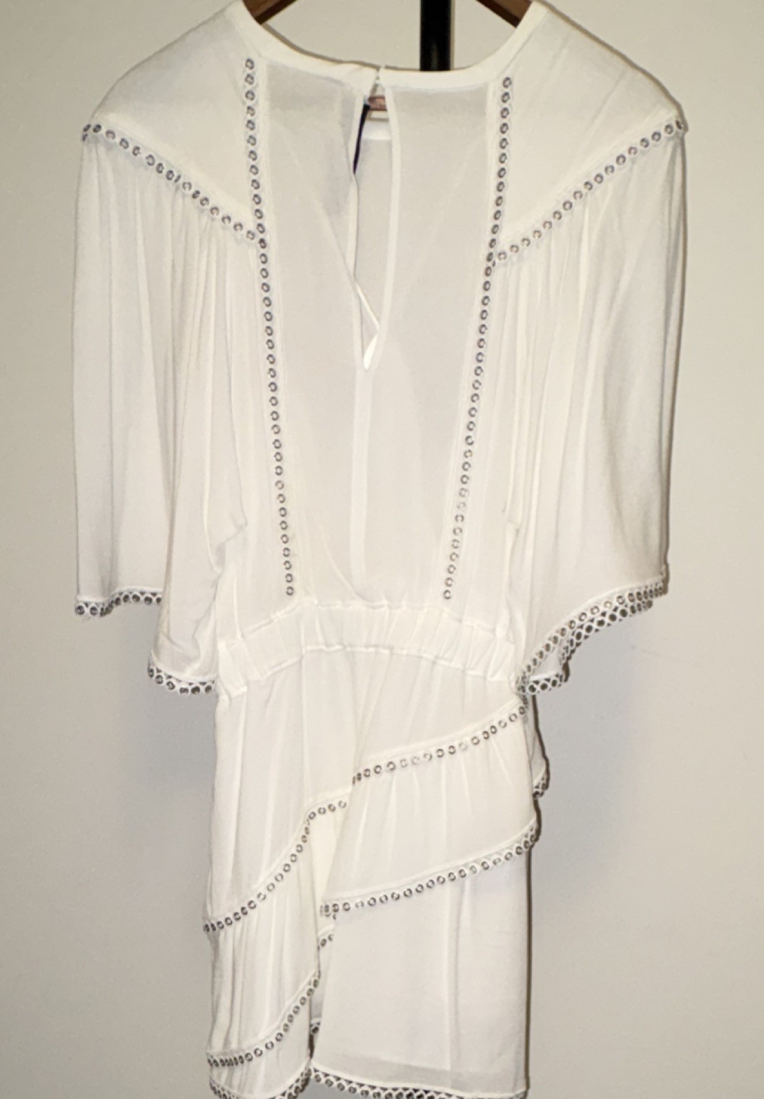 IRO Paris White V-Neck mini dress 100% Viscose eyelet trim elastic waist size 38