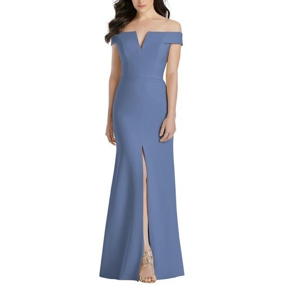DESSY COLLECTION Off the Shoulder Notch Trumpet Gown Front Slit Larkspur Size 4