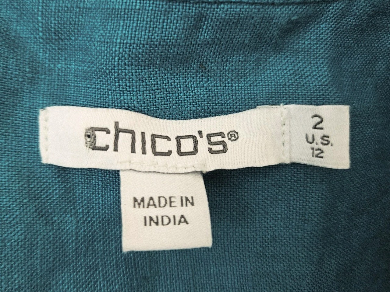 Chico’s Teal Beaded Linen Tiered Dress 2 Womens US 12 Midi Ruffle Short Sleeves