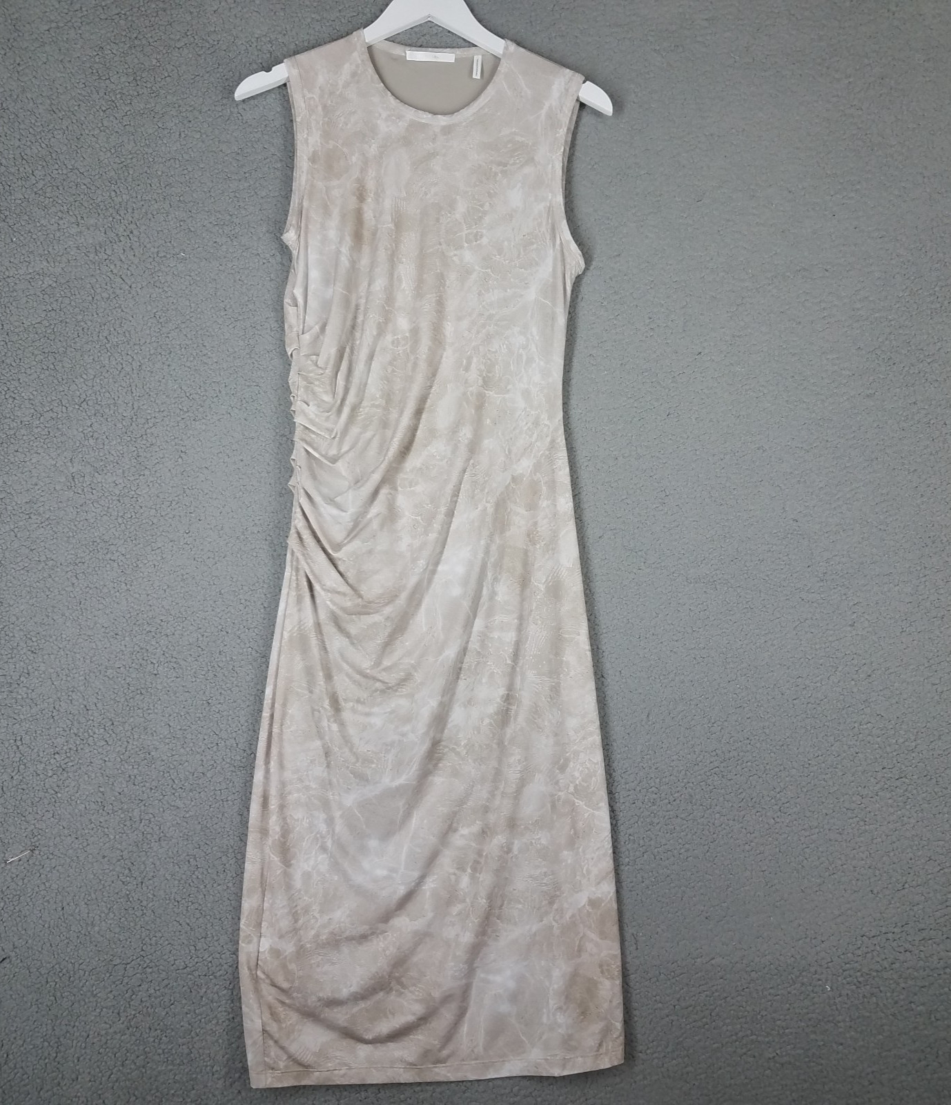 Helmut Lang Midi Dress Women’s Large Pencil Ruched Stretch Marbled Beige White