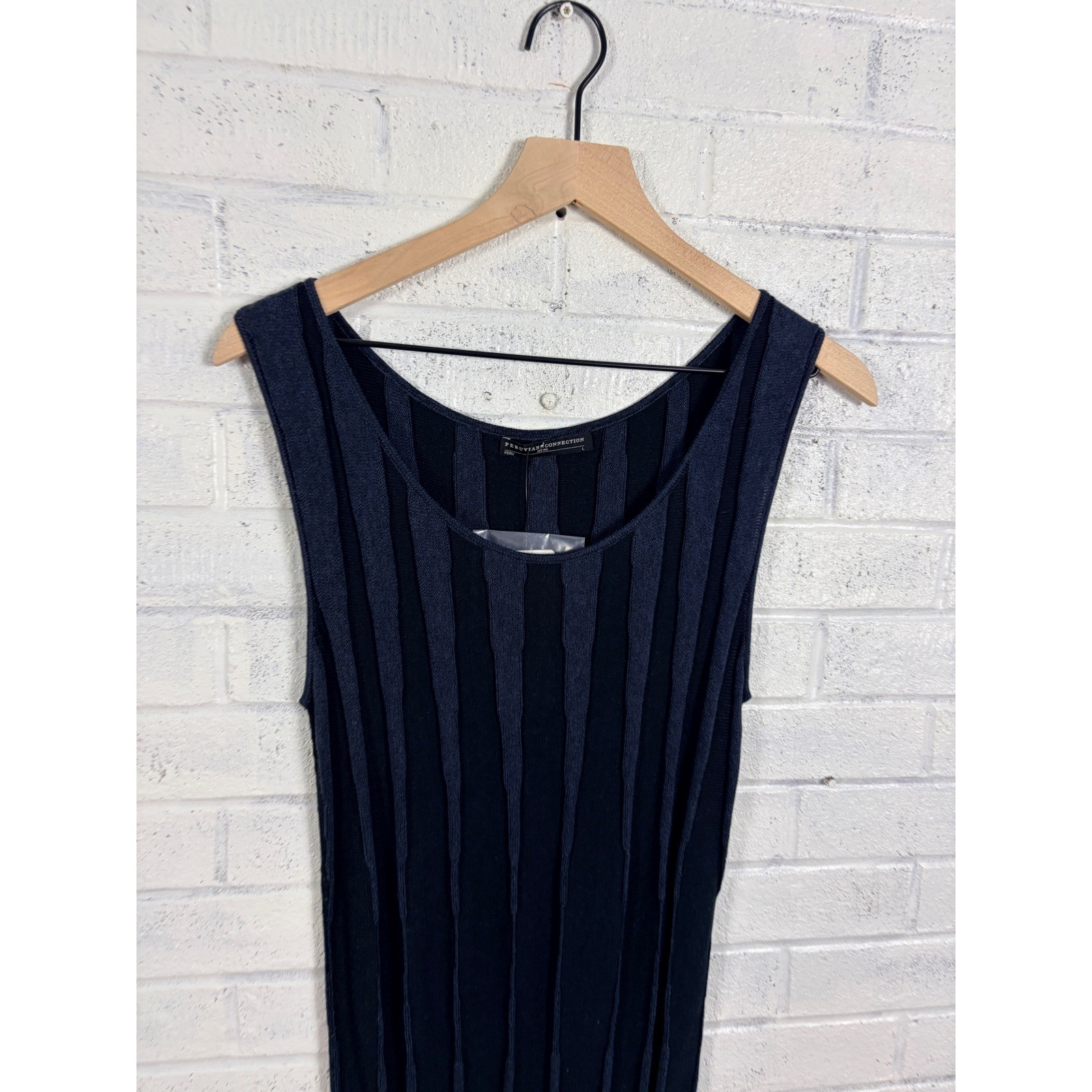 Peruvian Connection Andalucia Dress Women L Smoke Blue Ribbed Knit Maxi