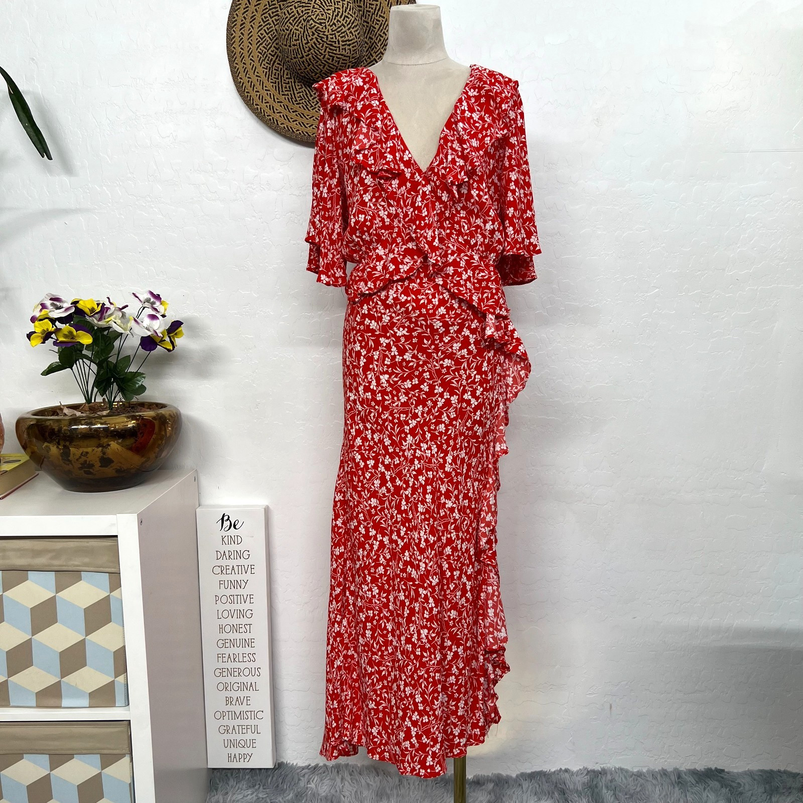 A New Day red garden floral maxi summer sun dress sz XXL – ruffle slit zipper
