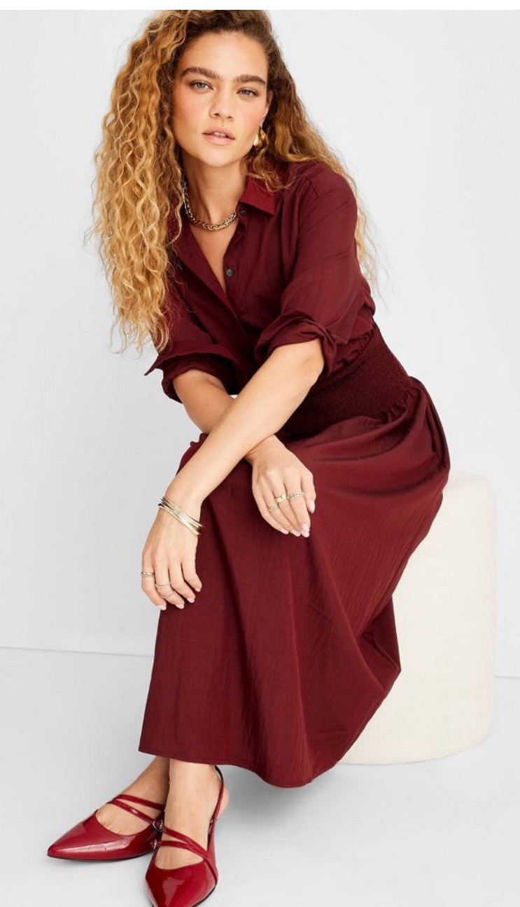 Women’s Collared Long Sleeve Smocked Midi Shirtdress – Future Collective Sz S