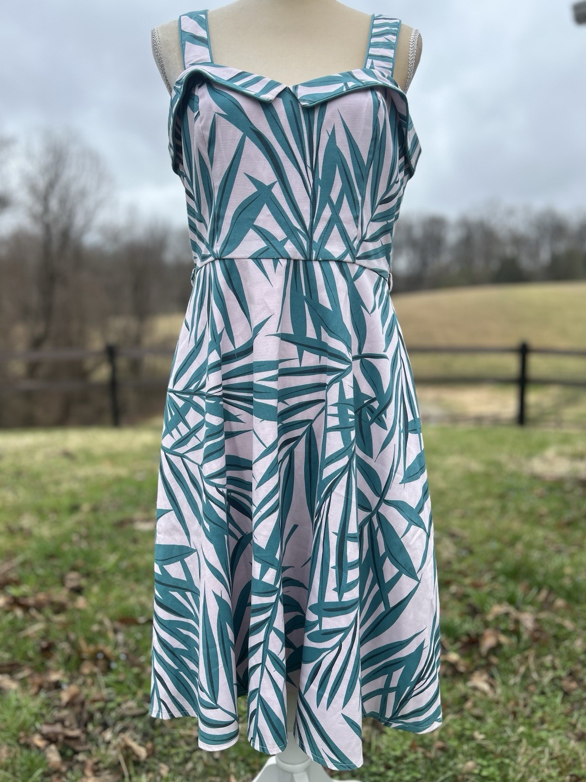 REVIEW Australia Paradise Palm Fit-and-Flare Sundress Pink Green Pockets Sz 12