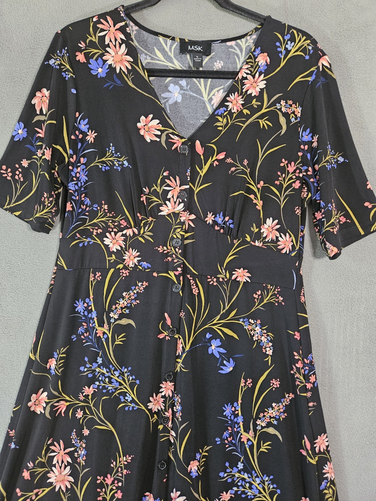 Vintage MSK Dress Large Half Sleeves Multicolor Floral Stretch Boho Button Vneck