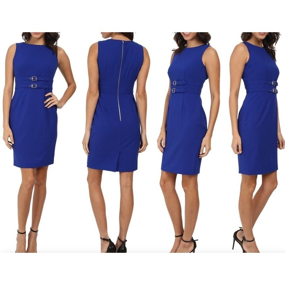 EUC Calvin Klein Royal Blue Double Buckle Zipper Workwear Sheath Dress Size 4