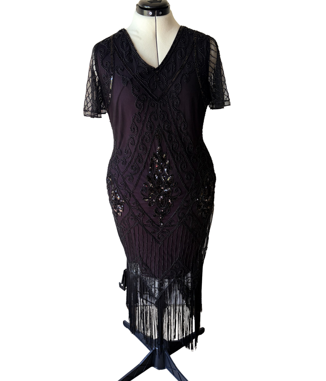 PrettyGuide Women Flapper Dress Large Purple Beaded Sequin Fringe 1920s Gatsby L