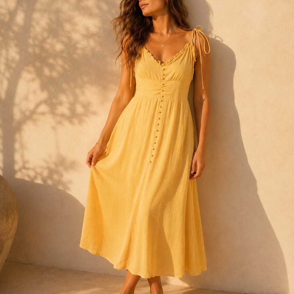 Inmod Yellow Swiss Dot Tie Strap Midi Dress Cottagecore Boho Sundress L