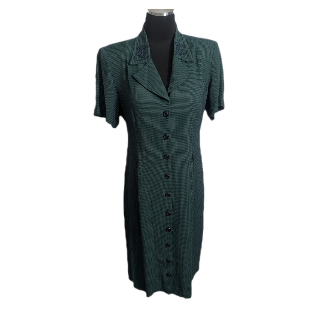 90s SL Fashions Green Check Midi Sheath Dress Sz 8 grunge retro gingham indie A1