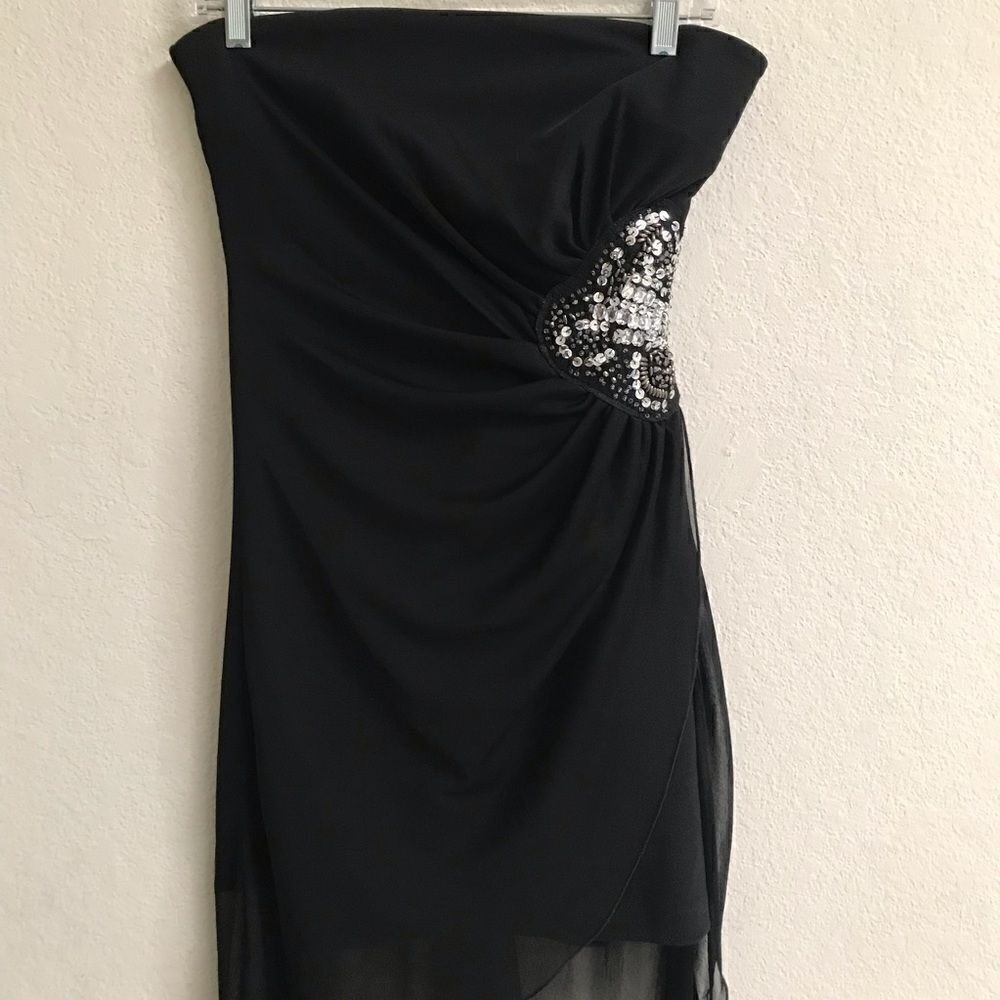 Teaze Me Y2K retro black strapless pull on high/low party prom mini dress 6*