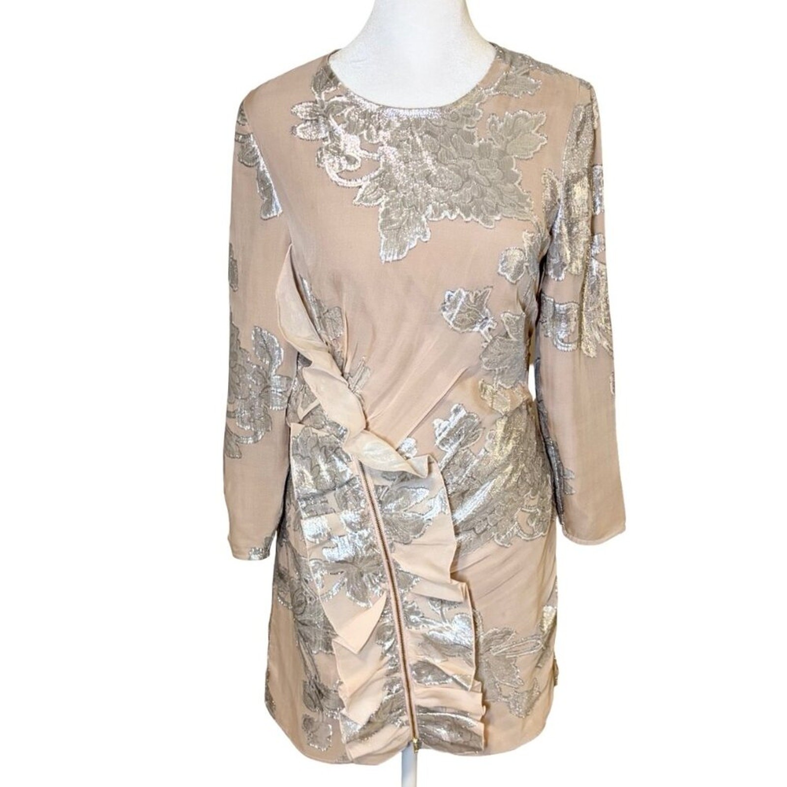 Self-Portrait Metallic Fil Coupe’ Ruffle Minidress in Blush Pink Sz 4 Sprng 2016