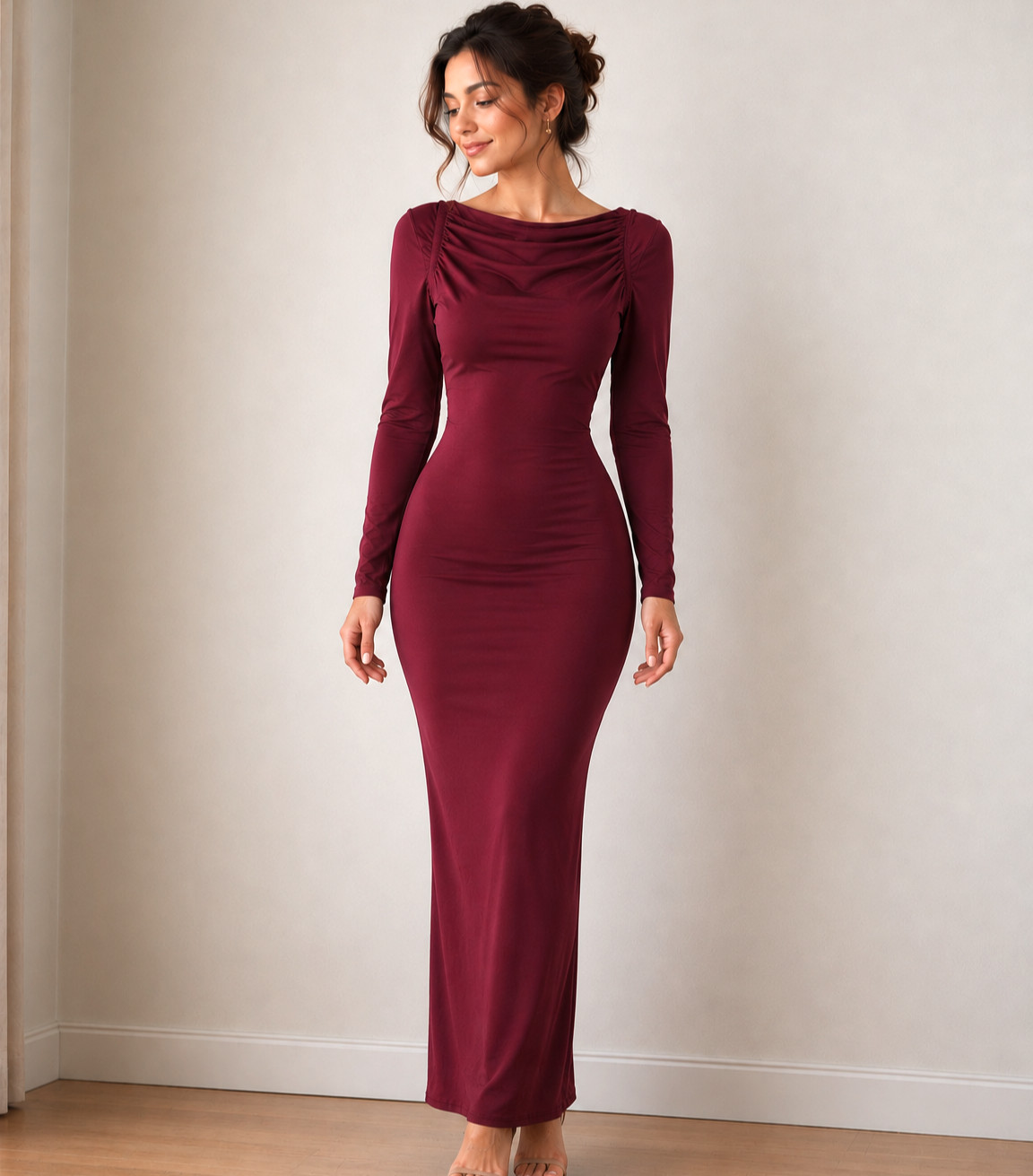 Cherry Red Bodycon Maxi Dress Long Sleeve Kardashian Style Wedding Cocktail Gown