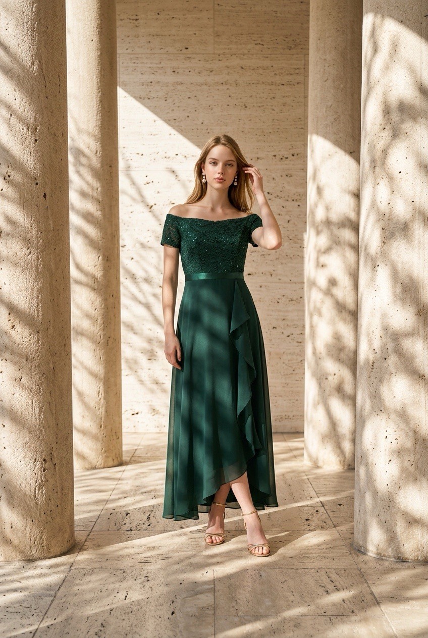 BeryLove Dark Green Sequin Lace Chiffon Ruffle Formal Cocktail Dress Small NWT