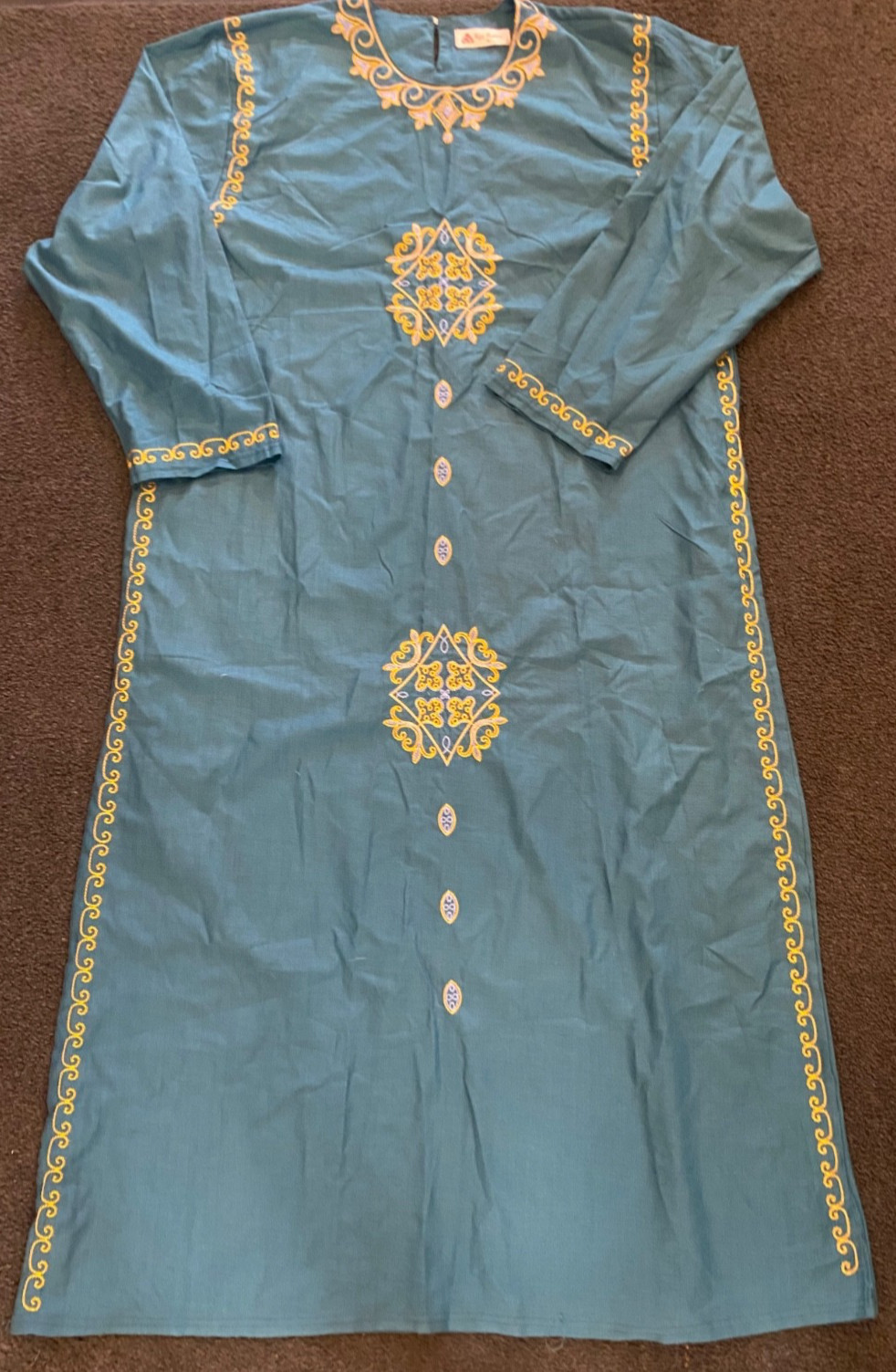 VTG Maxi Dress Crepe Embroidered Kaftan Maxi Dress Boho XL Turquoise Blue Green