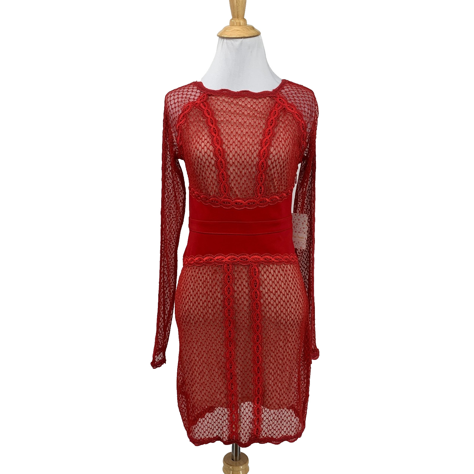 Free People Dress Womens XS Extra Small Cherry Mixed Mesh Lace Overlay Bodycon