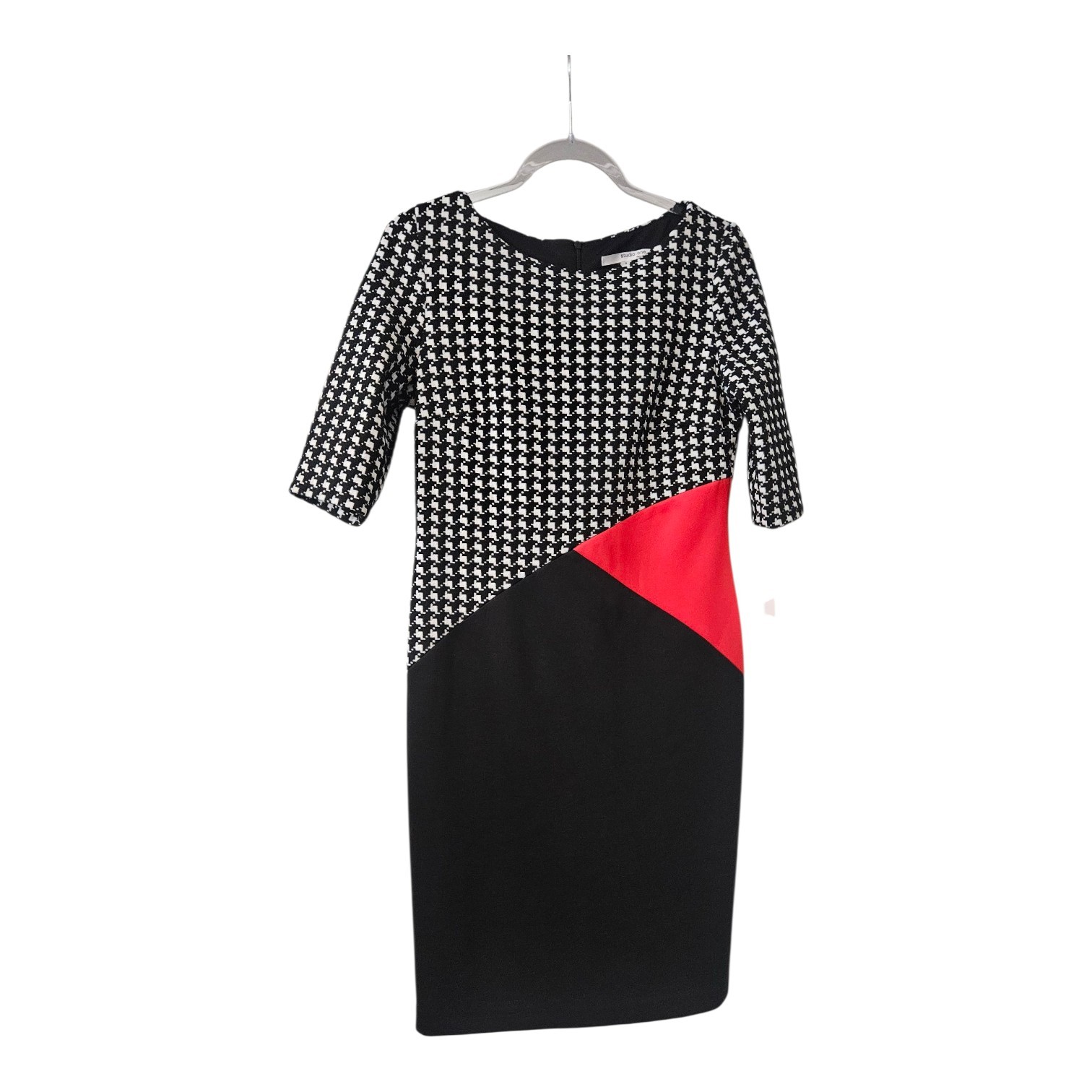 NWT Studio One Dress Size 8 Sheath Houndstooth 1/2 Sleeve Lined Back Zip