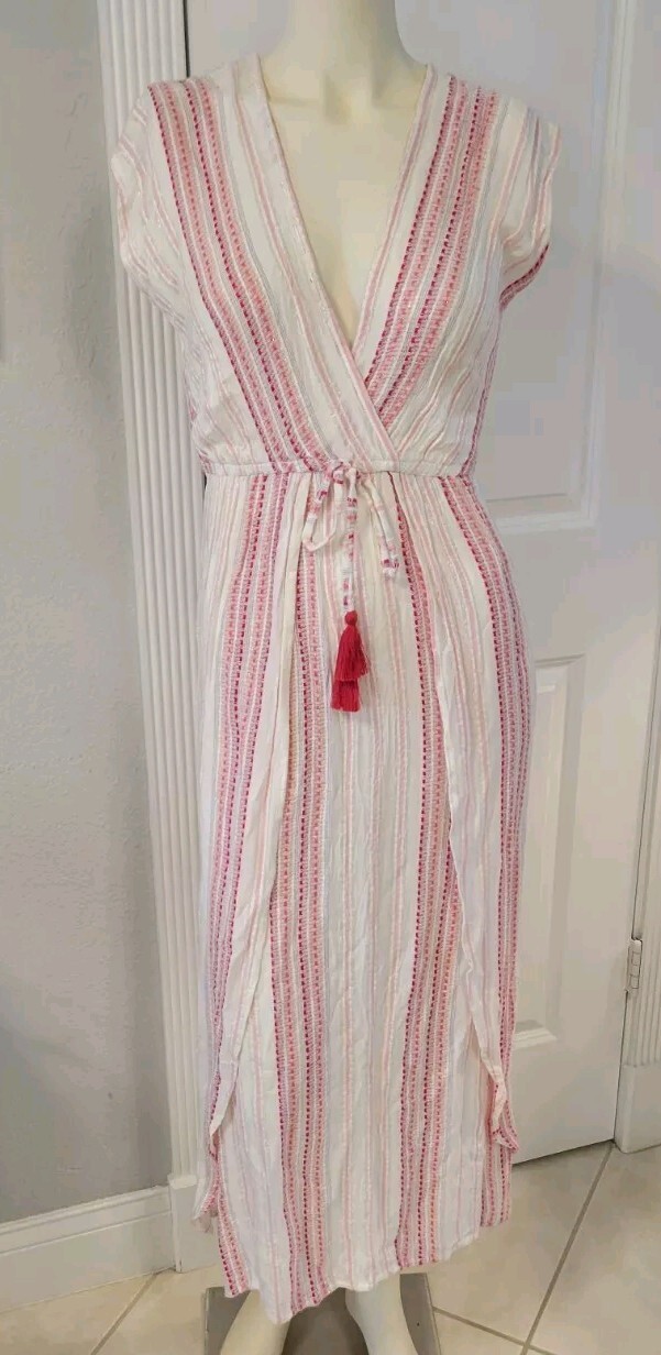 Blue Island Rose Pink White & Silver Metallic Thread Striped Maxi Dress XS NWT