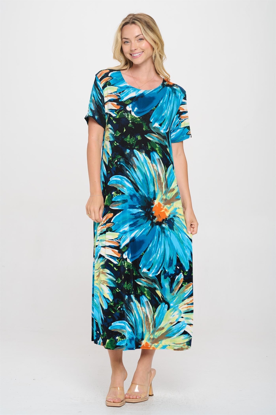 JOSTAR Slinky LONG DRESS Poly Spandex Knit TURQUOISE BLACK Floral S M L XL 2X 3X