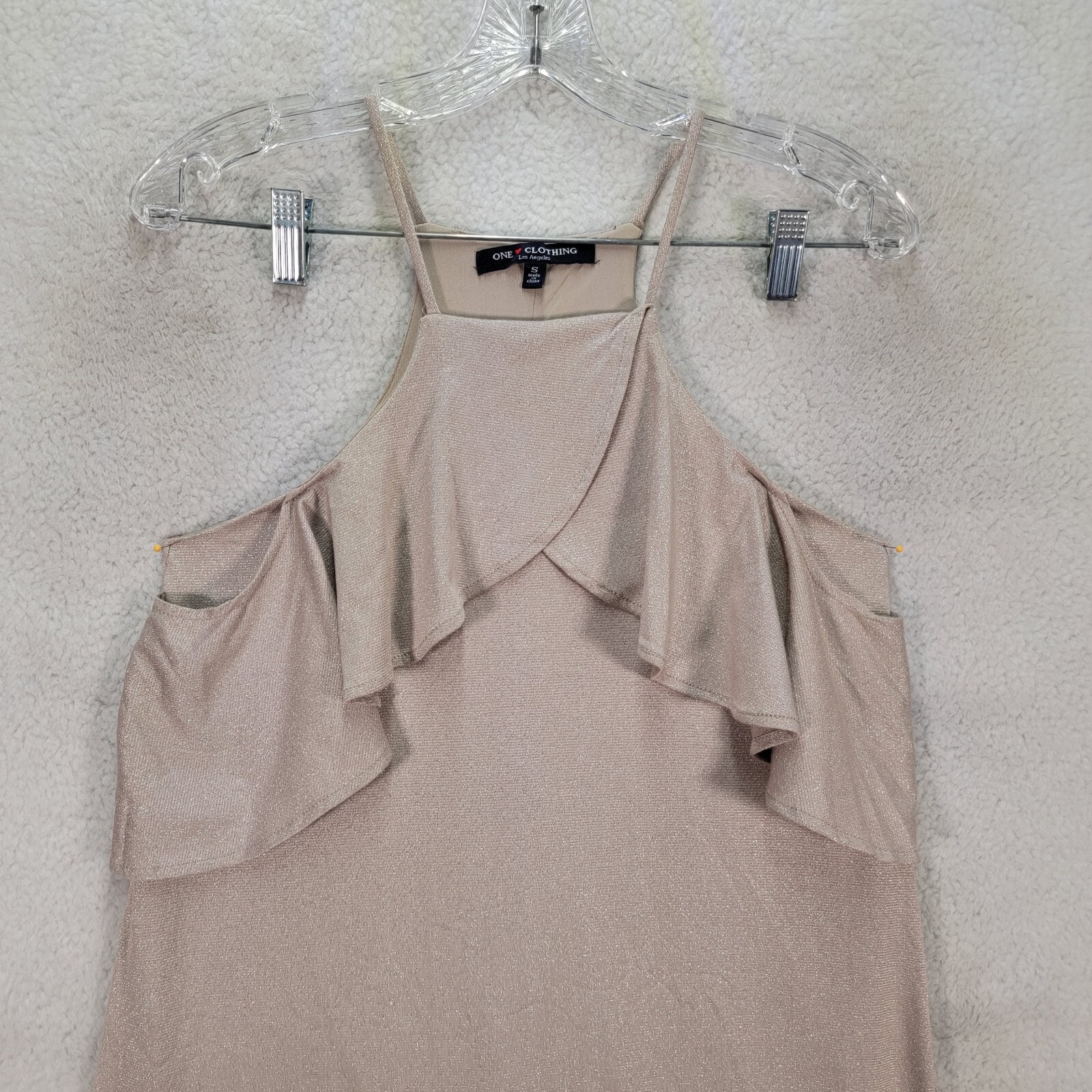 One Love Clothing Womens Dress Size S Beige Glitter Stretch Flowy Ruffled A Line