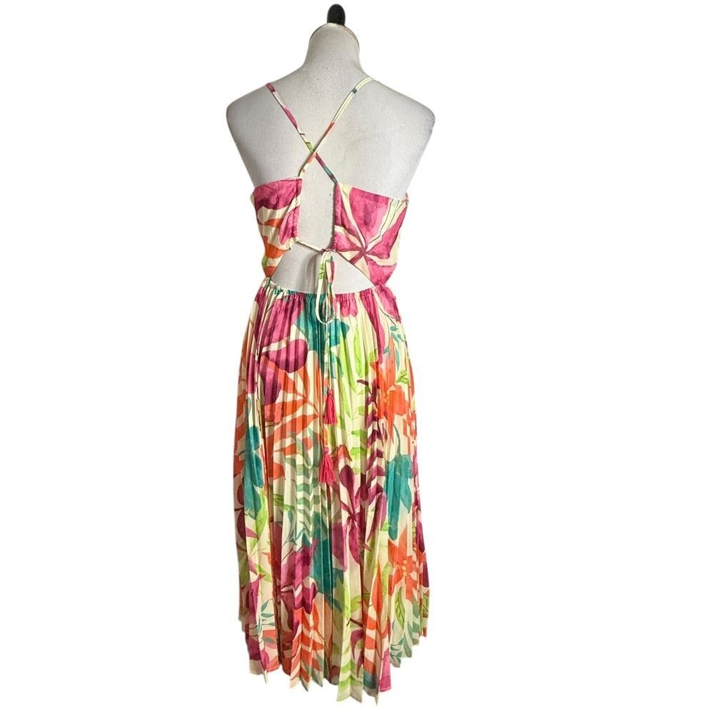 Flying Tomato Tropical Print Pleated Midi Dress Size S Open Back Vacation Beach