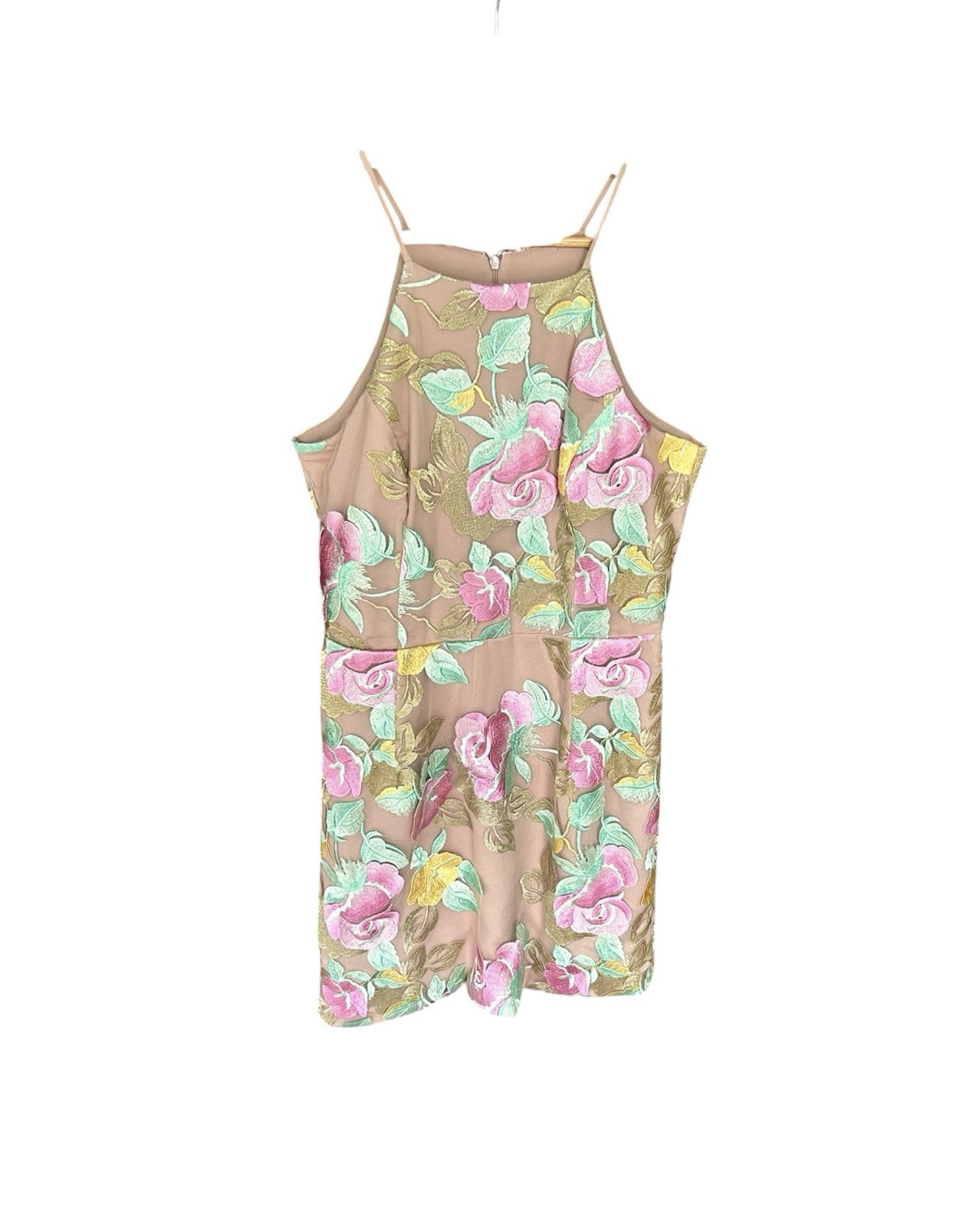 Dress The Population Floral Halter Sheath Dress Beige Tan Green Pink Size Medium