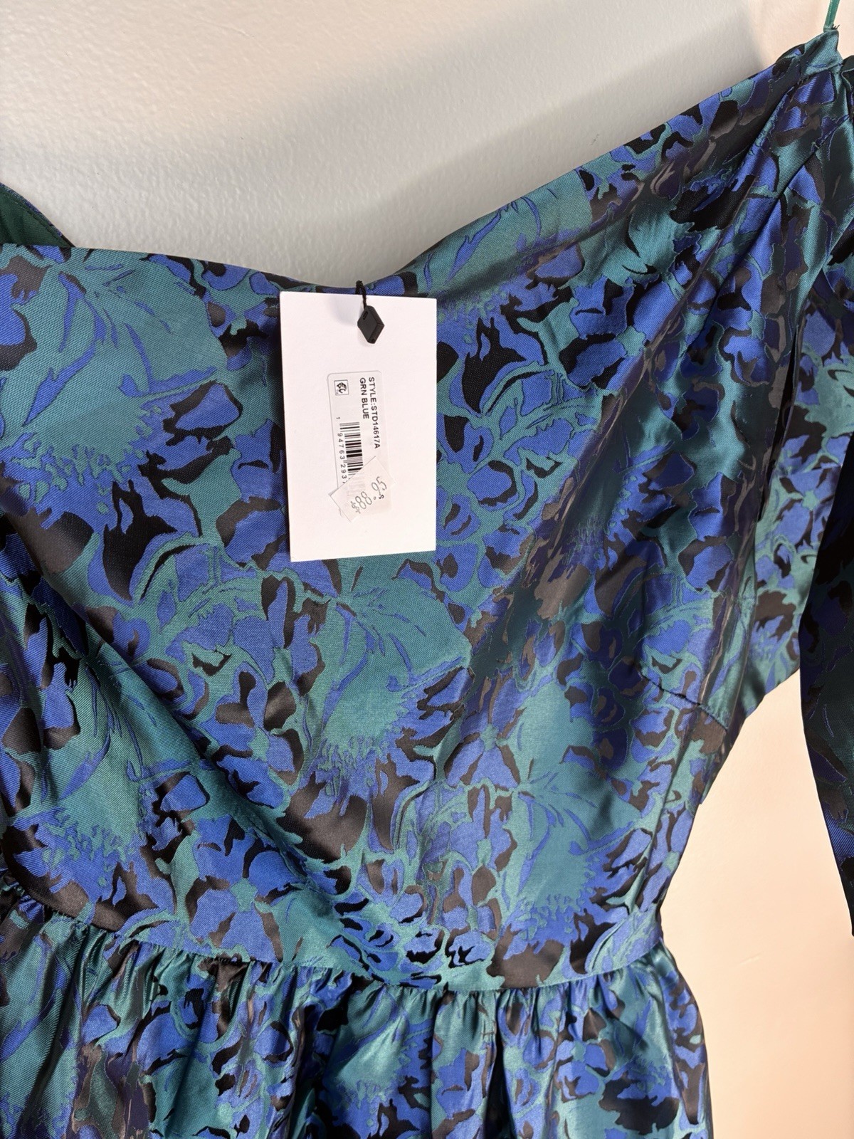 Sugarlips Blue Green Black Floral One Shoulder Satin Midi A-Line Dress S