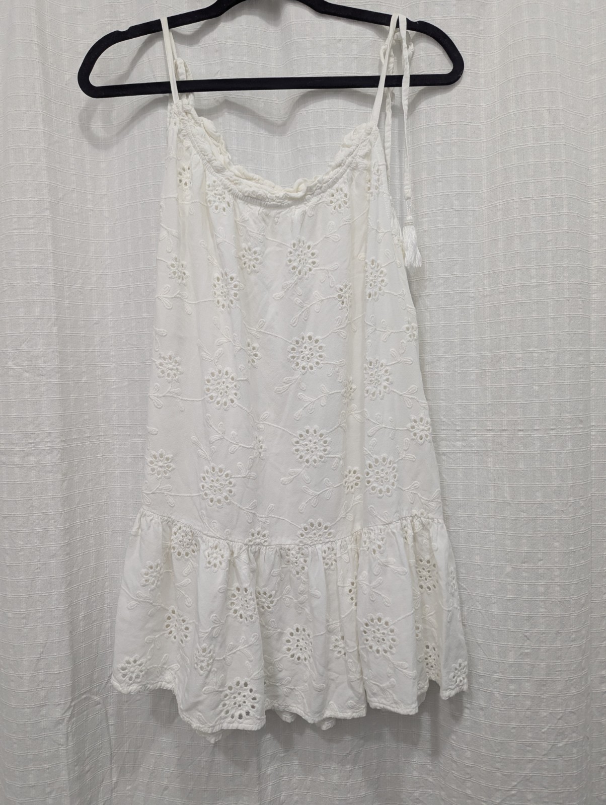 Nicole Miller Atelier White Floral Eyelet Tiered Peasant Mini Dress Babydoll Med