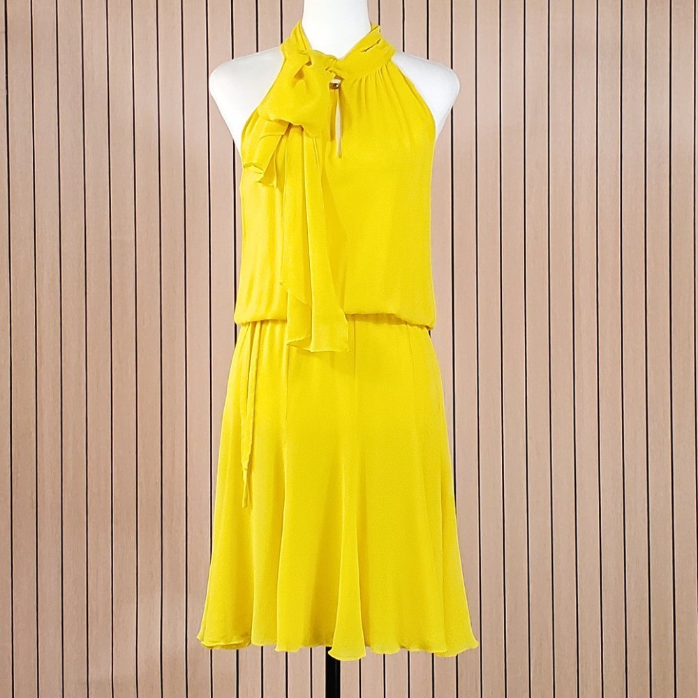 JOSEPH 100% Silk Yellow Halterneck Midi Dress UK 8 FR 36 Tie Neck Designer