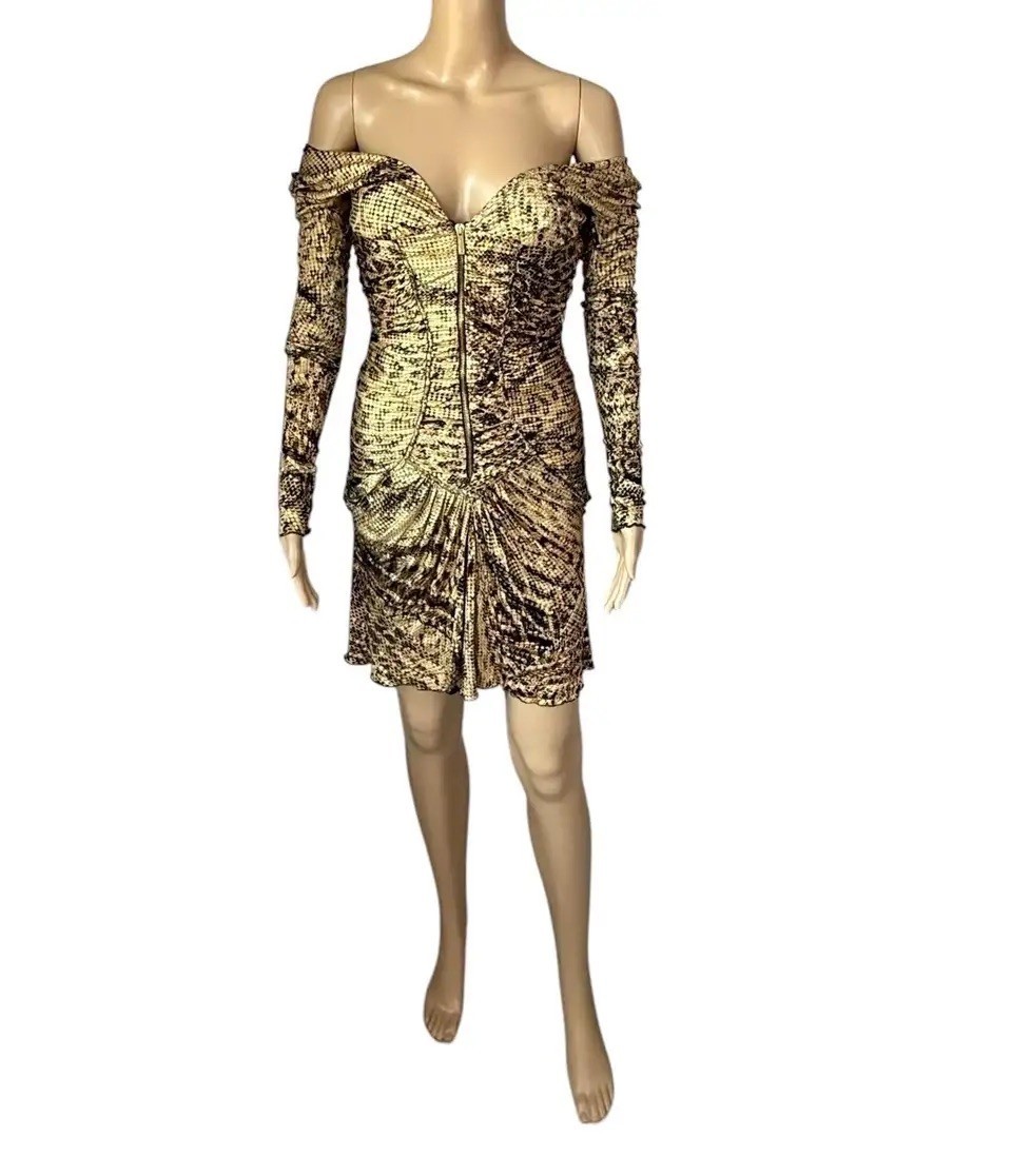 Roberto Cavalli F/W 2003 Runway Plunging Bustier Ruched Zipper Metallic Dress