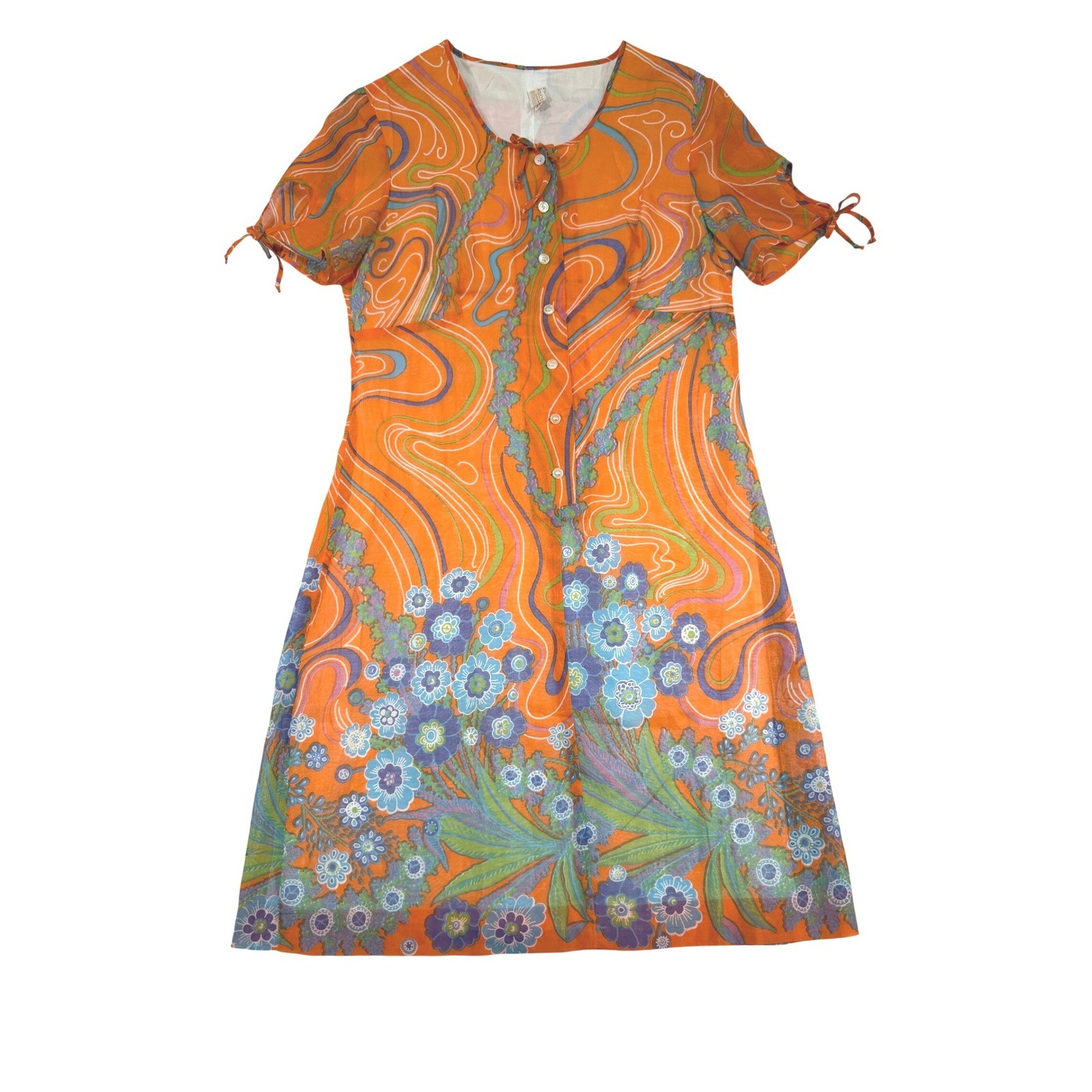 Dacron Baumwolle Shift Dress Vintage 60s Psychedelic Floral S/M 42 Orange Mod