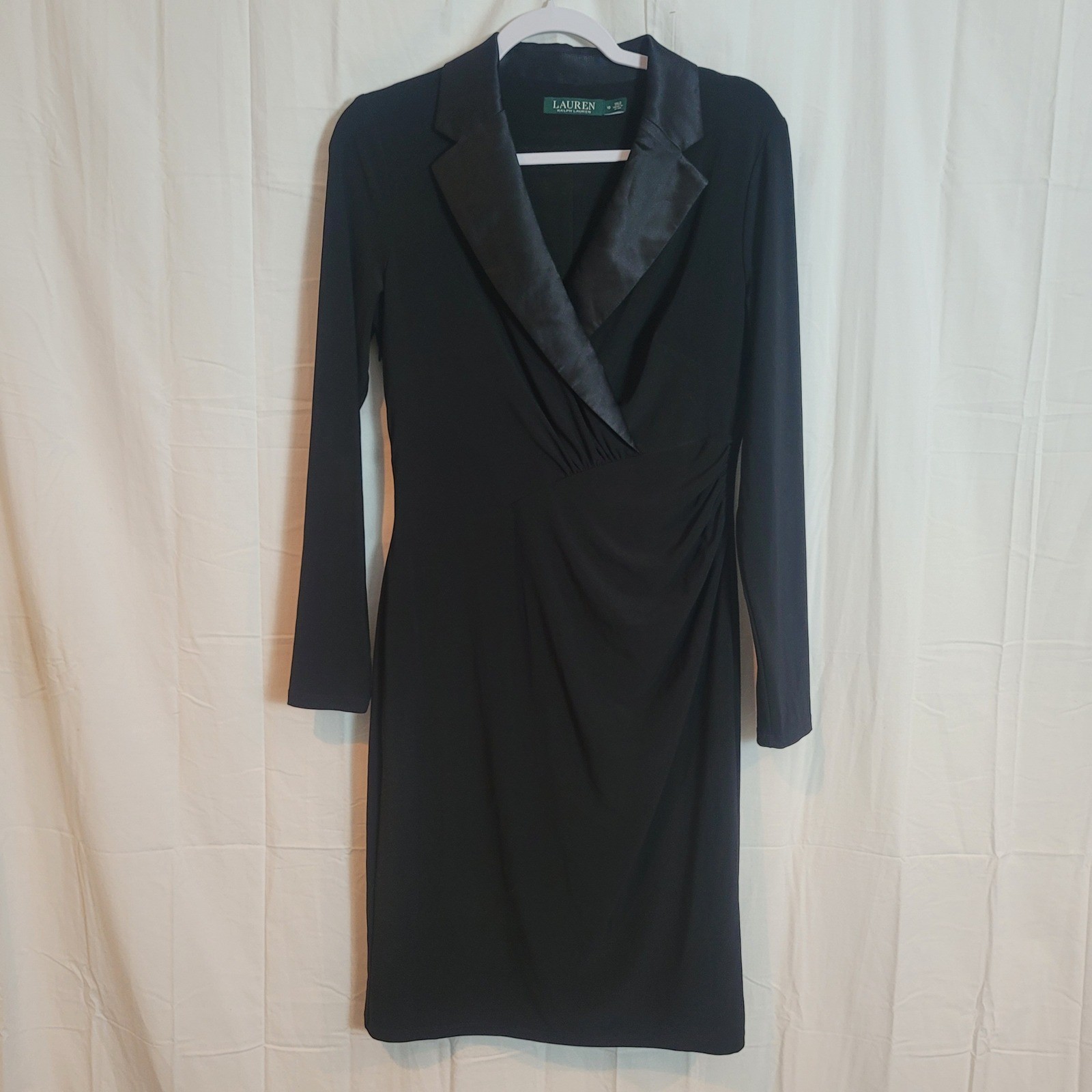 Ralph Lauren LRL Black Tuxedo Sheath Dress Silk Lined Satin Lapel Size 10 Ruched