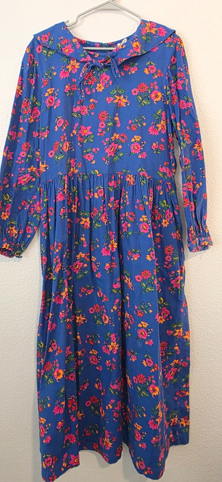 Hanna Andersson Floral Midi Dress Women’s Large Blue Cotton Long Sleeve USA Made