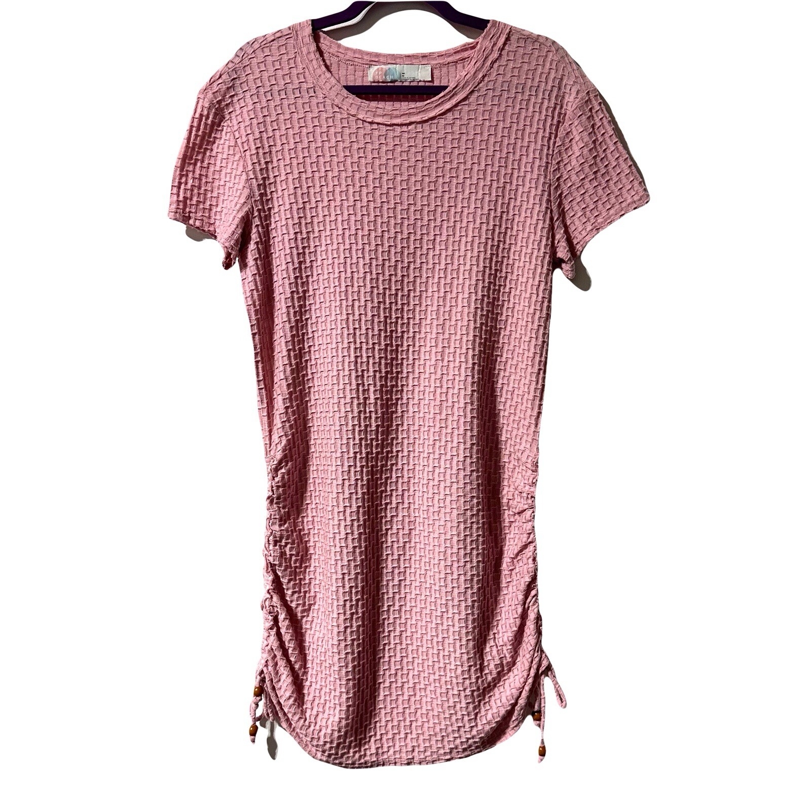 FP Beach Free People T-Shirt Dress Mini Pink Short Sleeve Ruched Textured Size M