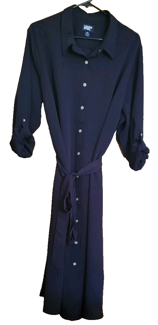 Lands’ End Shirt Dress Womens 2X Button Up Navy Sleeve Tie Midi Twill Casual