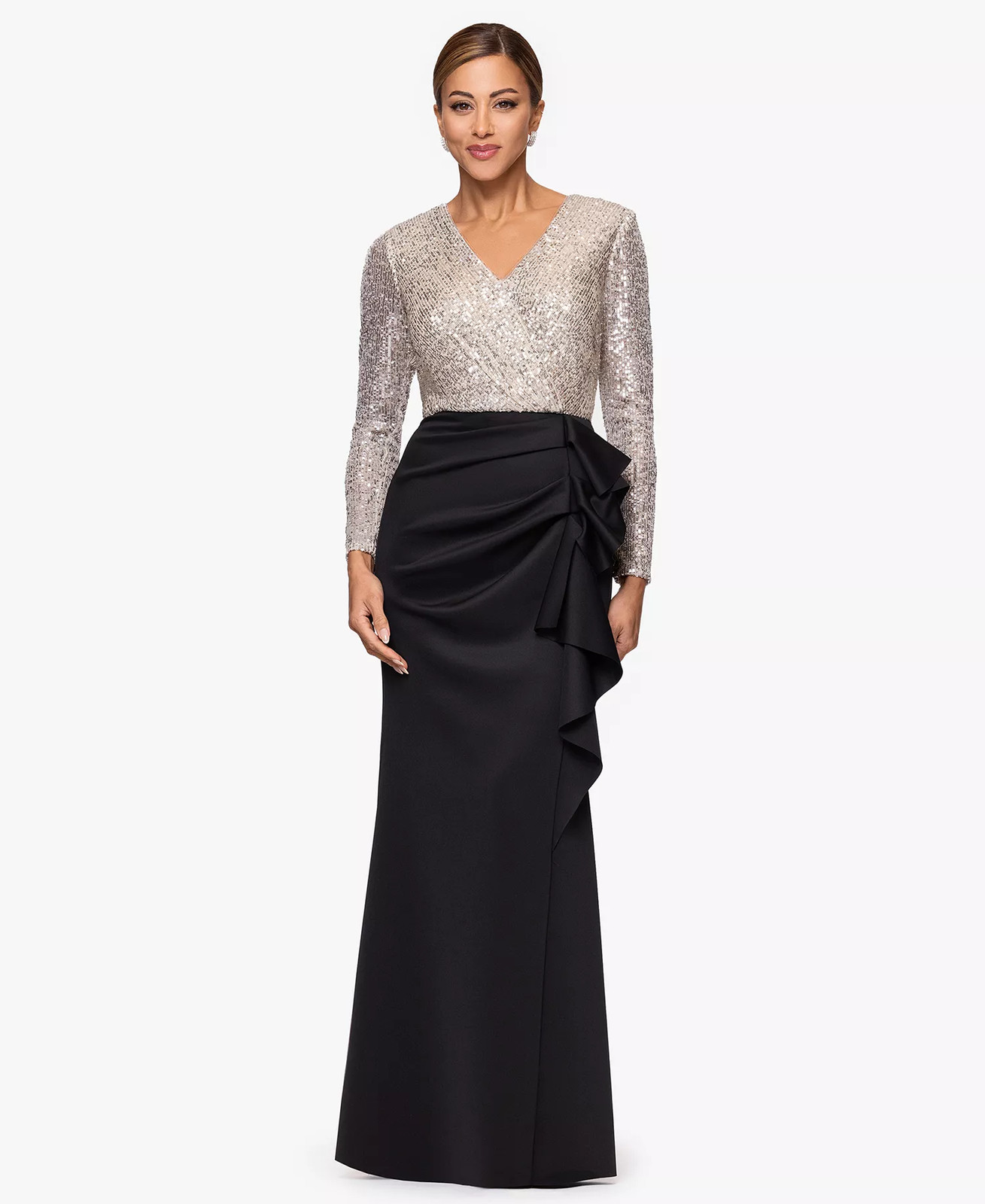 Xscape Sequin Gown 16 Black Silver Nude Ruffled Ruched Long Sleeve NWT $189